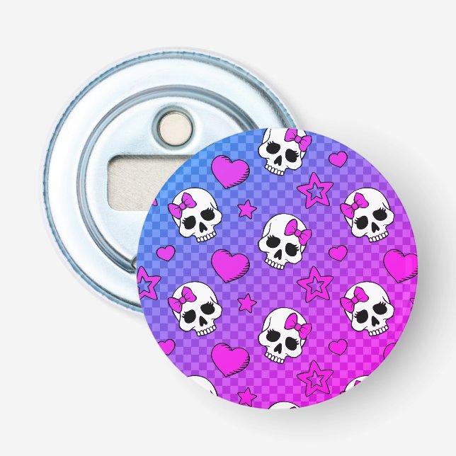 White and pink skull and hearts pattern bottle opener (Front)