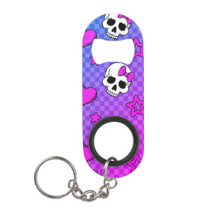 White and pink skull and hearts pattern keychain bottle opener