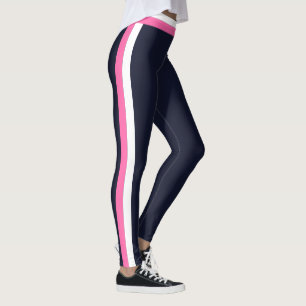 White and Pink Stripes Dark Blue Modern Sports Leggings