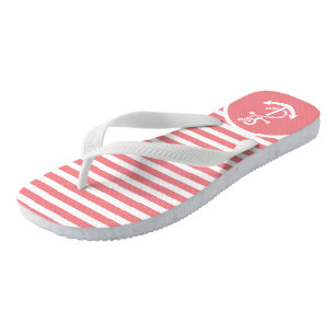 White And Pink Stripes & Nautical Boat Anchor Flip Flops