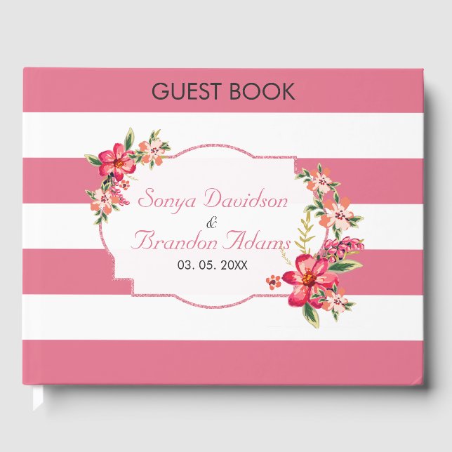 White And Pink Stripes Pattern And Flowers Guest Book (Front)