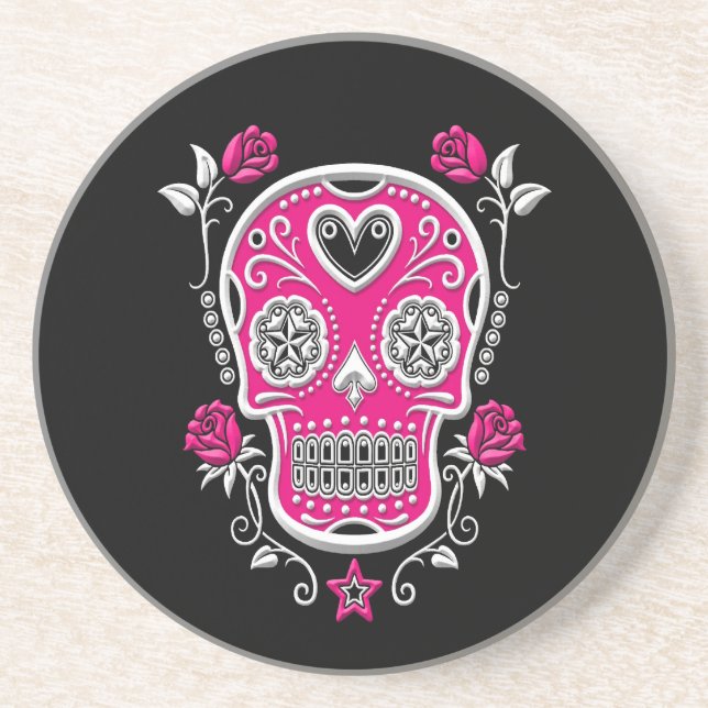 White and Pink Sugar Skull with Roses on Black Coaster (Front)