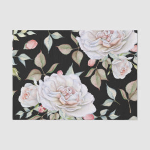 White and Pink Watercolor Roses Black Background Tissue Paper