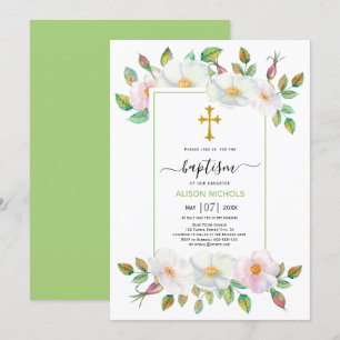 White and pink wild dog roses green floral Baptism Invitation