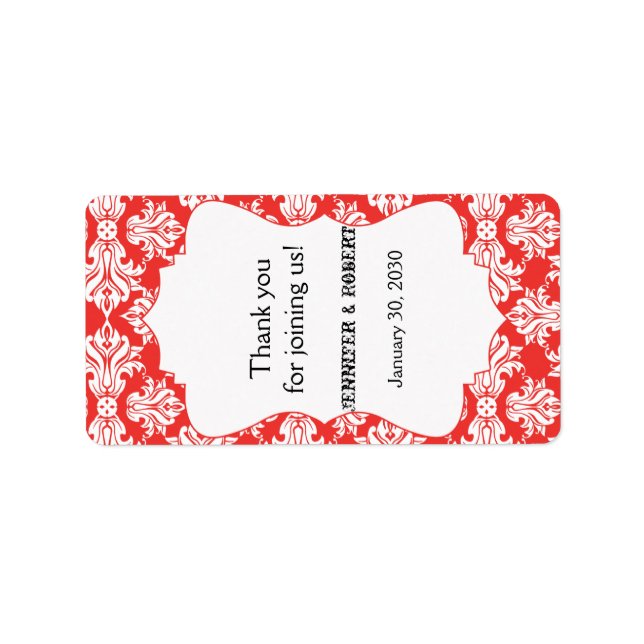 White and Poppy Red Damask Wedding Lip Balm Label (Front)