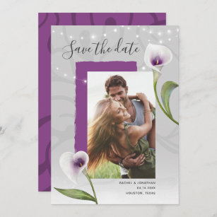 White and Purple Calla Lily Wedding Save the Date Announcement