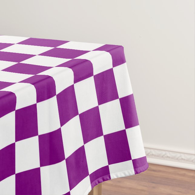 White and purple chequered check cotton dining tablecloth (In Situ)