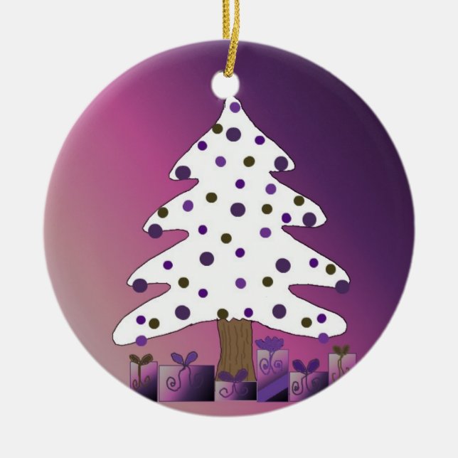 White and Purple Christmas Tree Ceramic Ornament (Front)