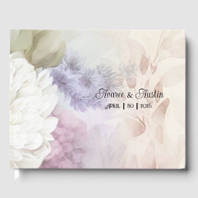 White and Purple Dahlias Wedding Guest Book (Front)
