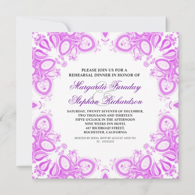 white and purple damask rehearsal dinner invites (Front)