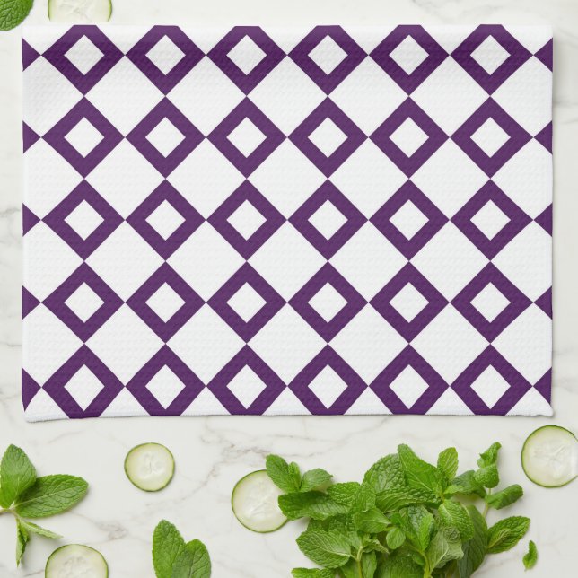White and Purple Diamond Pattern Kitchen Towel (Folded)