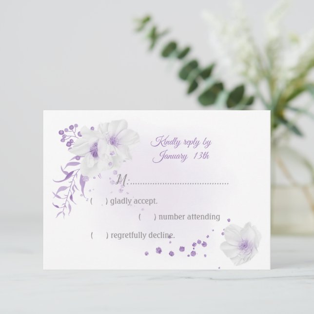 white and purple flowers botanical  RSVP card (Standing Front)