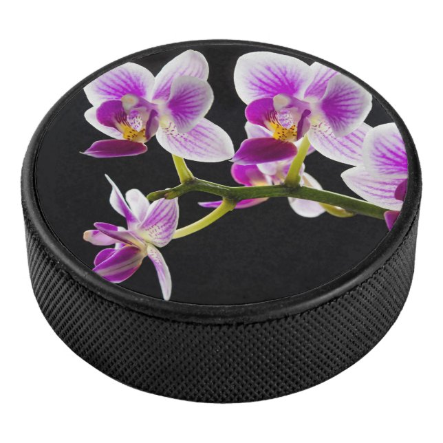White and purple orchid hockey puck (3/4)