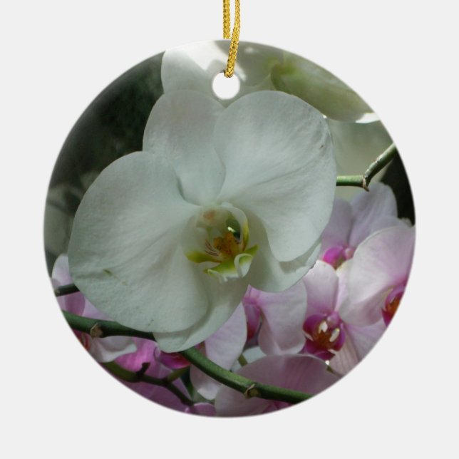 White and Purple Orchids Ceramic Ornament (Front)