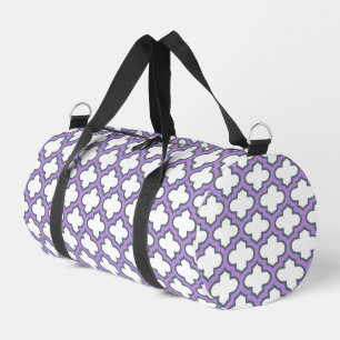 White and Purple Trellis, Lattice, Quatrefoil Duffle Bag