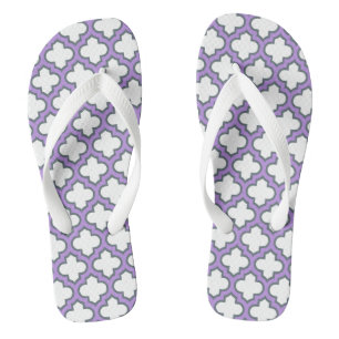 White and Purple Trellis, Lattice, Quatrefoil Flip Flops