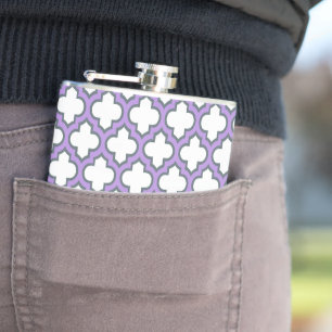 White and Purple Trellis, Lattice, Quatrefoil Hip Flask