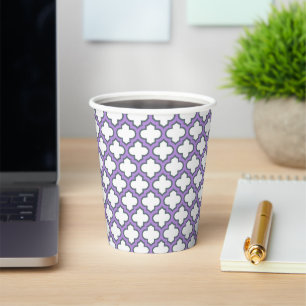 White and Purple Trellis, Lattice, Quatrefoil Paper Cups