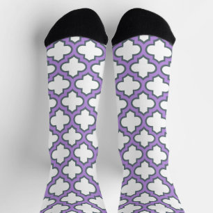 White and Purple Trellis, Lattice, Quatrefoil Socks