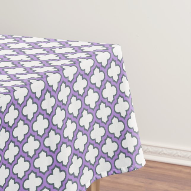 White and Purple Trellis, Lattice, Quatrefoil Tablecloth (In Situ)