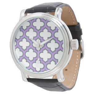 White and Purple Trellis, Lattice, Quatrefoil Watch