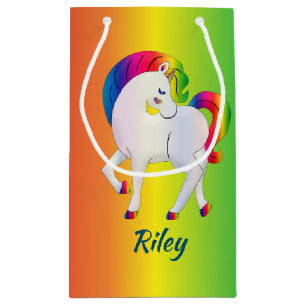 White and Rainbow Unicorn on a Colorful Small Gift Bag