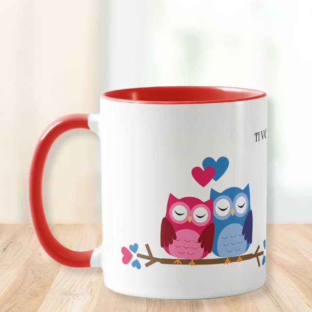 White and Red Ceramic Mug with Romantic Owl Couple (Créateur téléchargé)