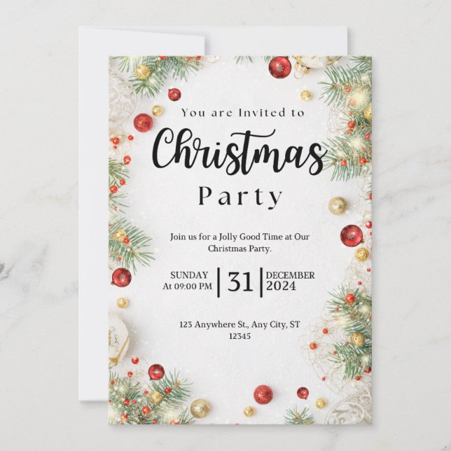 White and Red Floral Christmas Party Invitation (Front)