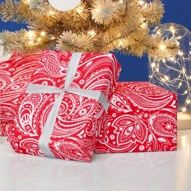 White And Red Floral Paisley Pattern Wrapping Wrapping Paper (Holidays)