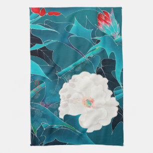 White and Red Flower, Japanese Design Kitchen Towel