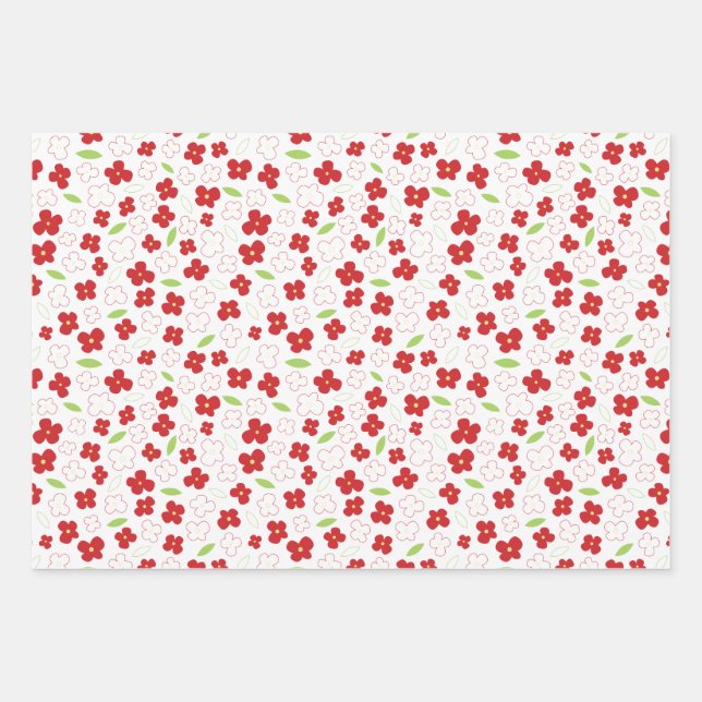 White and Red Flower Pattern Wrapping Paper Sheet (Front)