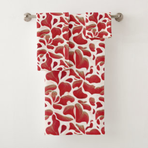 White and Red Flying Leaves Repeating Pattern Bath Towel Set
