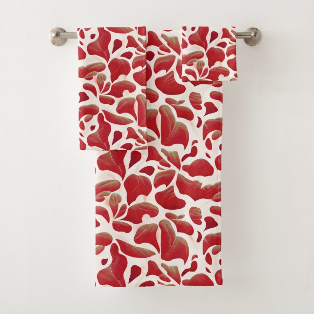 White and Red Flying Leaves Repeating Pattern Bath Towel Set (Insitu)