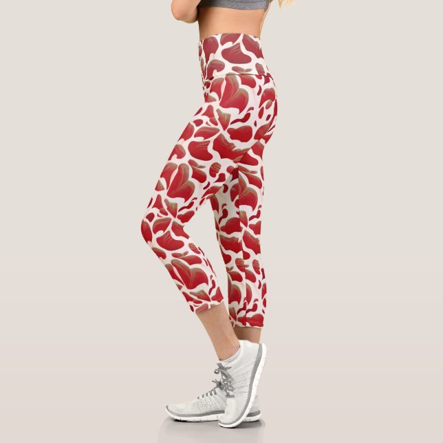 White and Red Flying Leaves Repeating Pattern Capri Leggings (Left)
