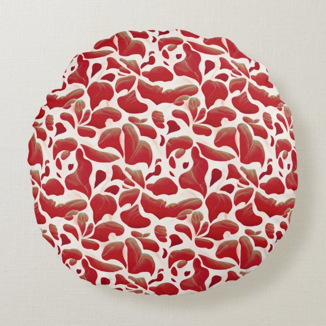 White and Red Flying Leaves Repeating Pattern Round Pillow (Front)