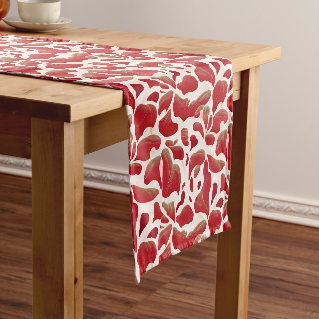White and Red Flying Leaves Repeating Pattern Short Table Runner (In Situ)