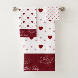 White and Red Hearts Happy Valentine's Day Bath Towel Set