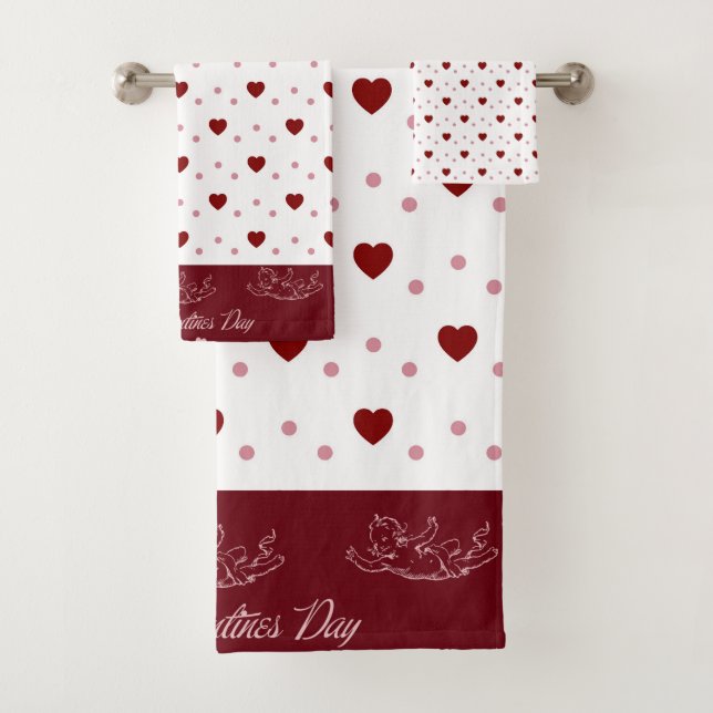 White and Red Hearts Happy Valentine's Day Bath Towel Set (Insitu)