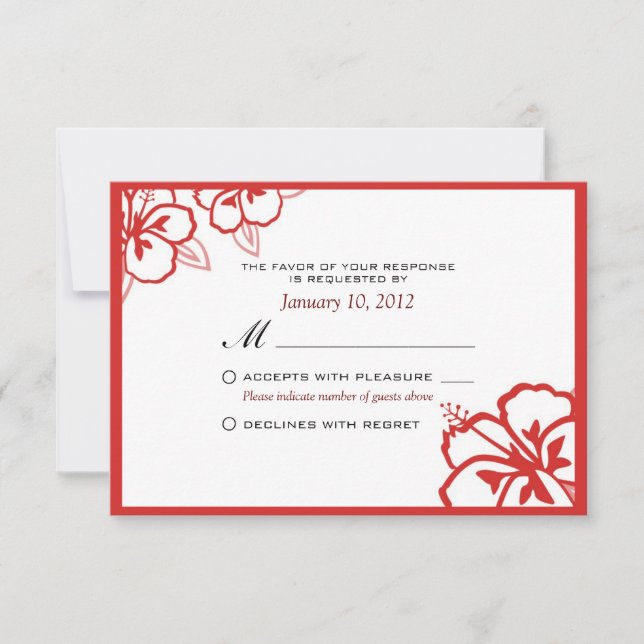 White and Red Hibiscus Flower Custom RSVP Card (Front)
