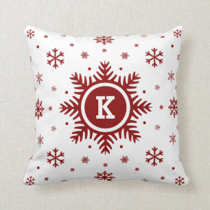 White and Red Monogram Holiday Snowflake pillow