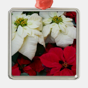 White and Red Poinsettias II Christmas Holiday Metal Ornament