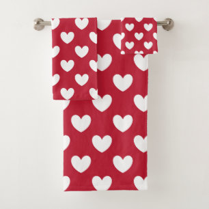 White and red polka hearts bath towel set