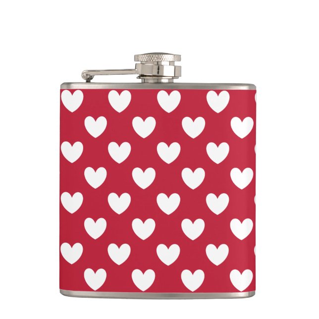 White and red polka hearts hip flask (Front)