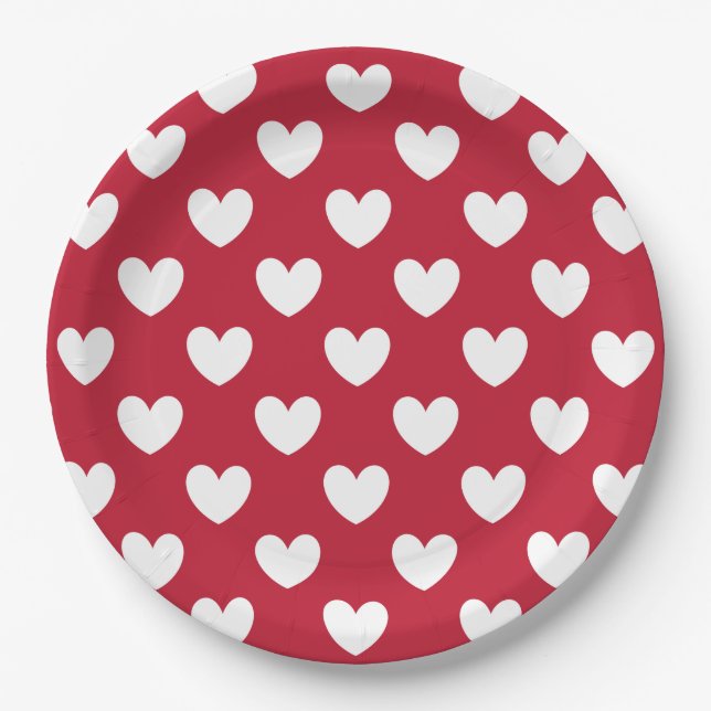 White and red polka hearts paper plate (Front)