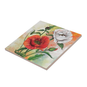 White and Red Poppies Ceramic Tile