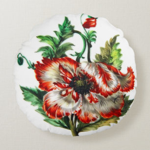 White and Red Poppy Flower Art Round Pillow
