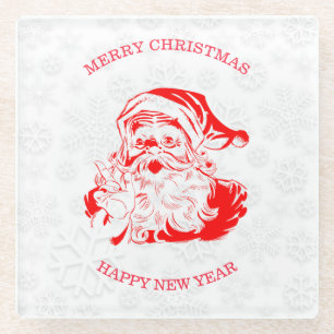 White And Red Santa And Snowflakes Glass Coaster