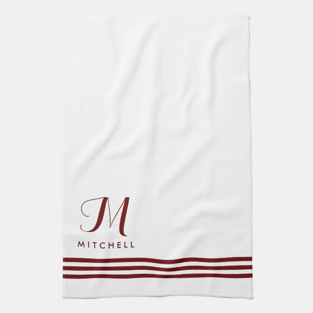 White and Red Sophisticated Stripes and Monogram Kitchen Towel (Vertical)