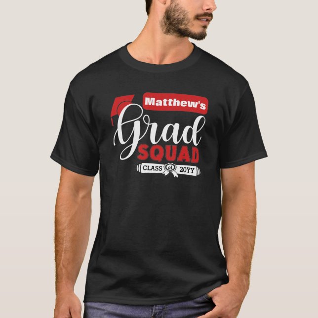 White and Red Text Male's Black Grad Squad T-Shirt (Front)