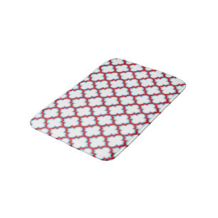 White and Red Trellis, Lattice, Quatrefoil Bath Mat